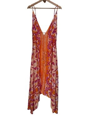 Anthropologie Abstract Midi Cover Up Dress Women Large Boho Beachy Asymmetric
